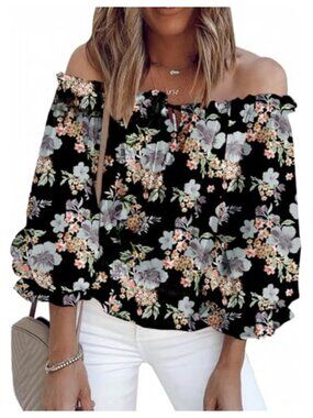 Women's Ruffle Sleeve Off Shoulder Chiffon Blouse Floral Print Summer